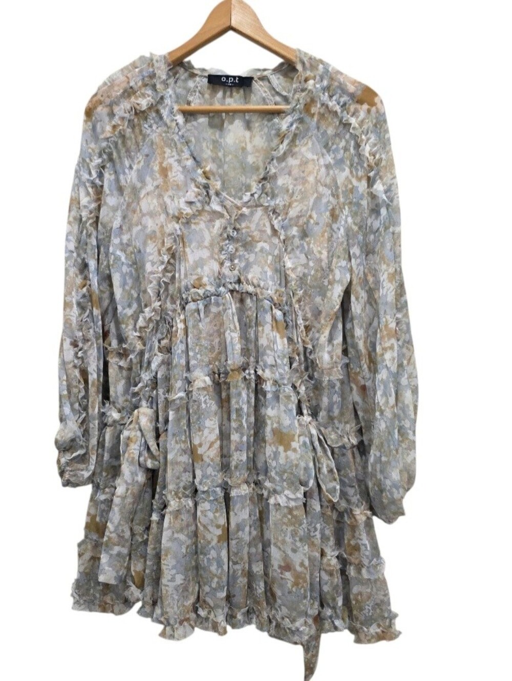 O.P.T. One Pretty Time Rhea Mini Dress Women’s Boho Beige Floral Print Ruffle XS